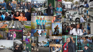Photo collage of people, panels, and trucks at DrayTech 2023 in California