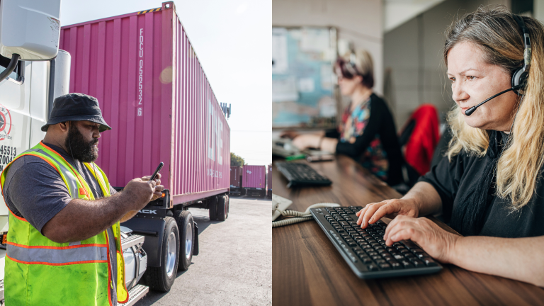 drayage truck driver looking at phone outside of truck with container and dispatcher in office typing